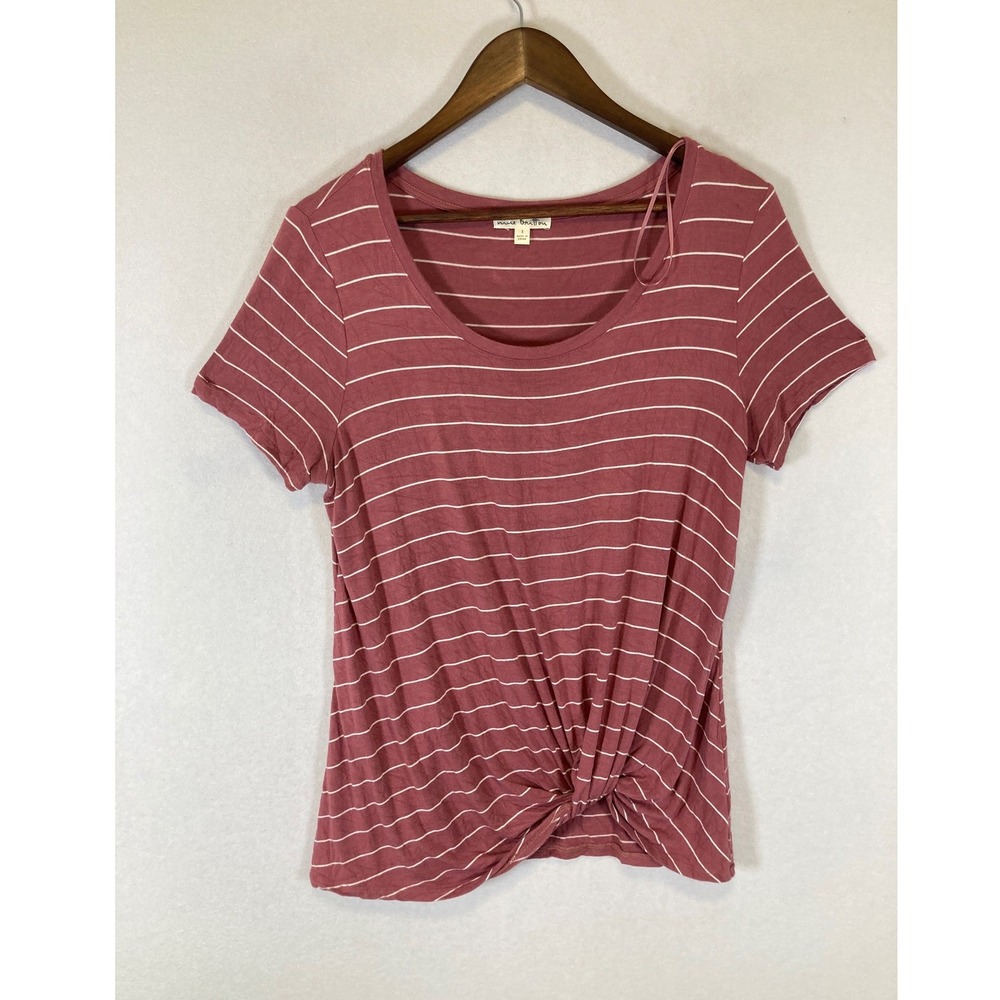 Casual Nine Britton Womens Small Mauve Pink Striped Front Knot Scoop Neck Tee